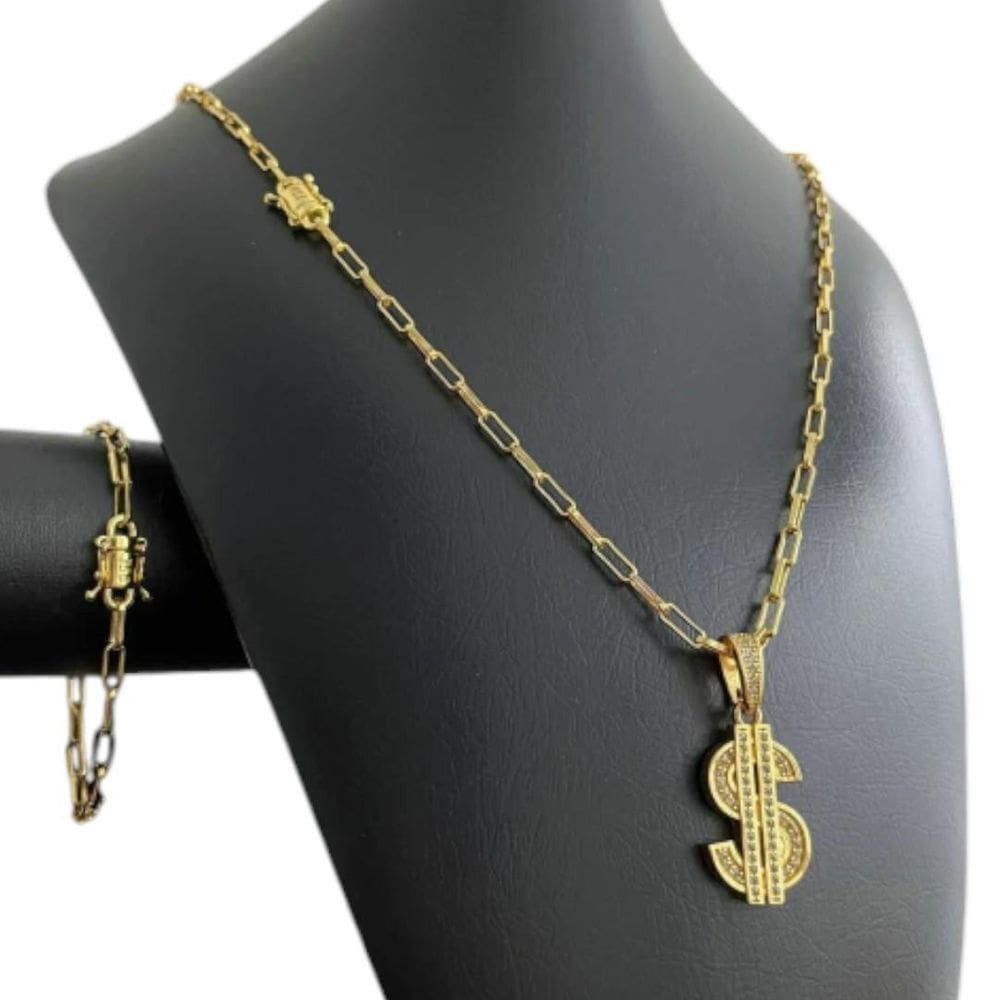 Kit Tijolinho 4Mm - Pingente Cifrão - Banhado A Ouro 18K