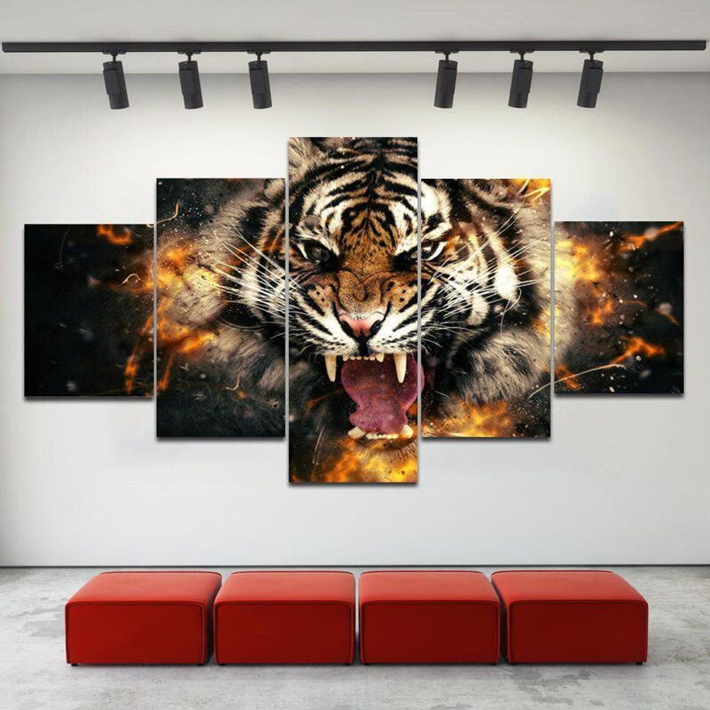 Quadros Decorativos 5 Peças Olhar De Tigre Feroz Colorido