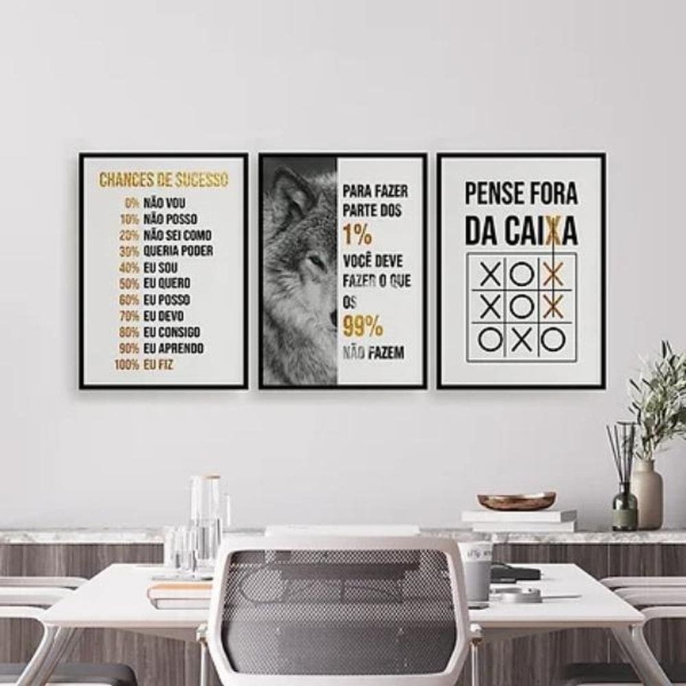 Kit 3 Quadros Lobo Empreendedorismo 45X34Cm Com Vidro Preta