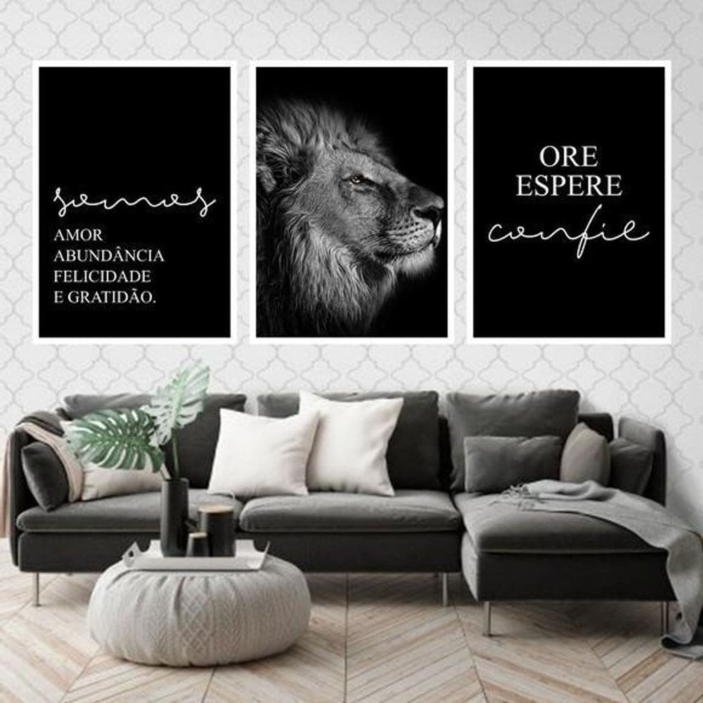 Kit 3 Quadros Somos Amor Leão 24x18cm Moldura Madeira Preta
