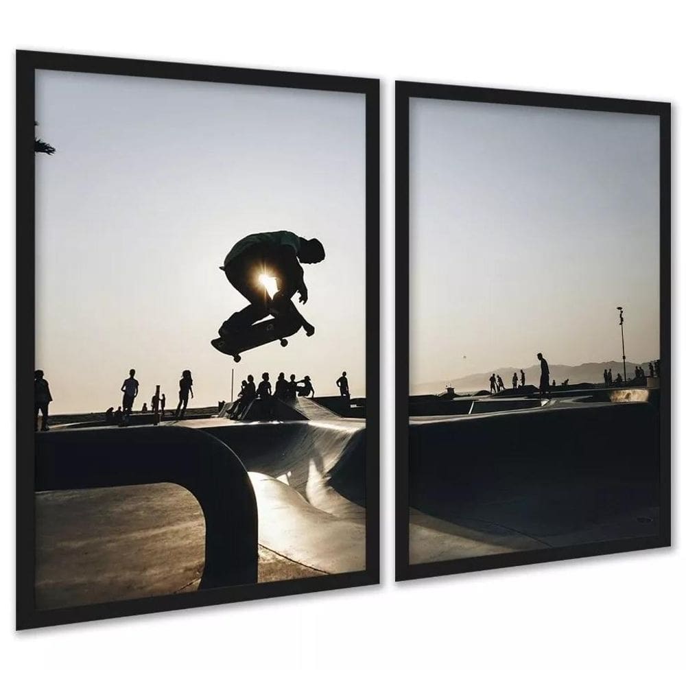 Kit 2 Quadros Skatista Manobra Aérea Pista 33X24Cm - Vidro