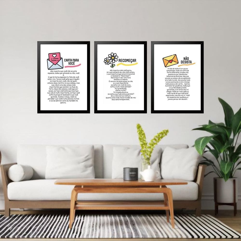 Kit 3 Quadros Grandes Frases De Motivação 60X48Cm