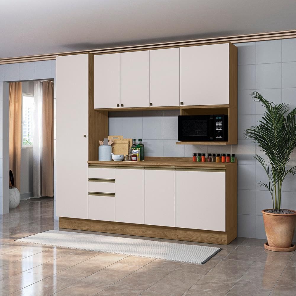 Armário de Cozinha Compacta Nicho Micro-ondas 100% MDF 230cm Nogueira/Branco Celeste Kappesberg