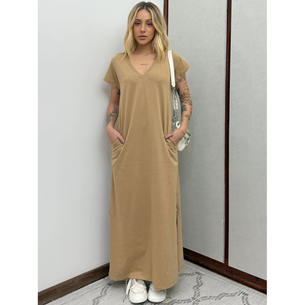 Vestido Longo de Algodão com Bolso Decote V Caramelo