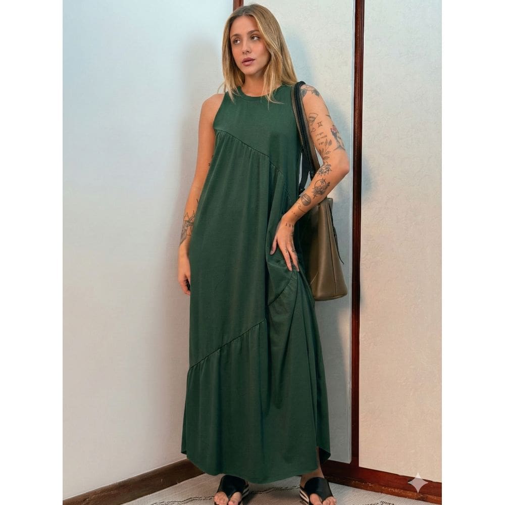 Vestido Longo Feminino Soltinho malha algodão Aveloz Verde Oliva