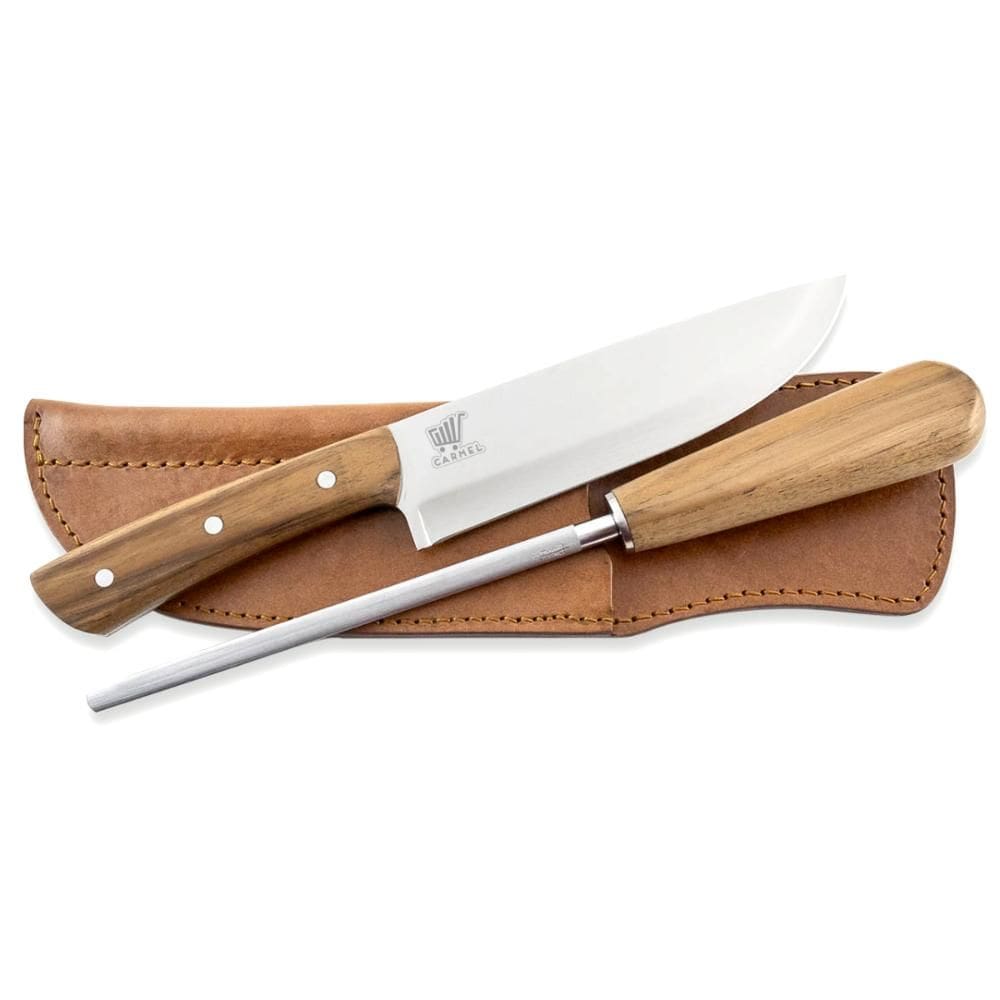 Kit Pantanal Faca e Chaira 183mm Inox Com Bainha de Couro Artesanal Carmel Imports