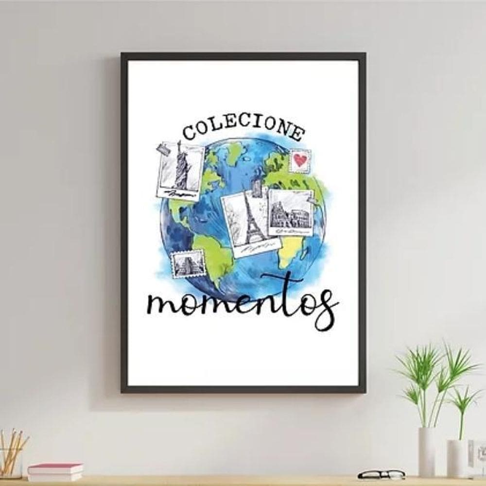 Quadro Mundo Aquarela Colecione Momentos 45X34 C/Vidro Preta