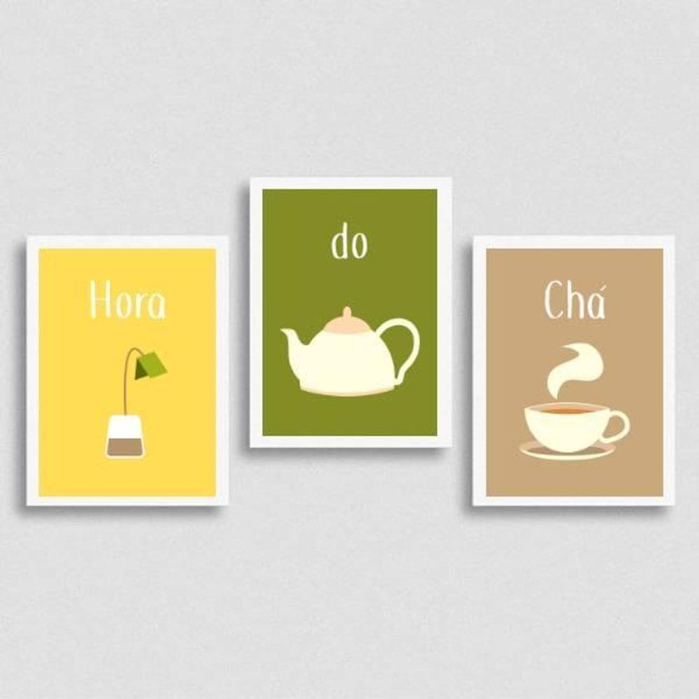 Kit 3 Quadros Hora Do Chá 45X34Cm - Com Vidro Moldura Branca