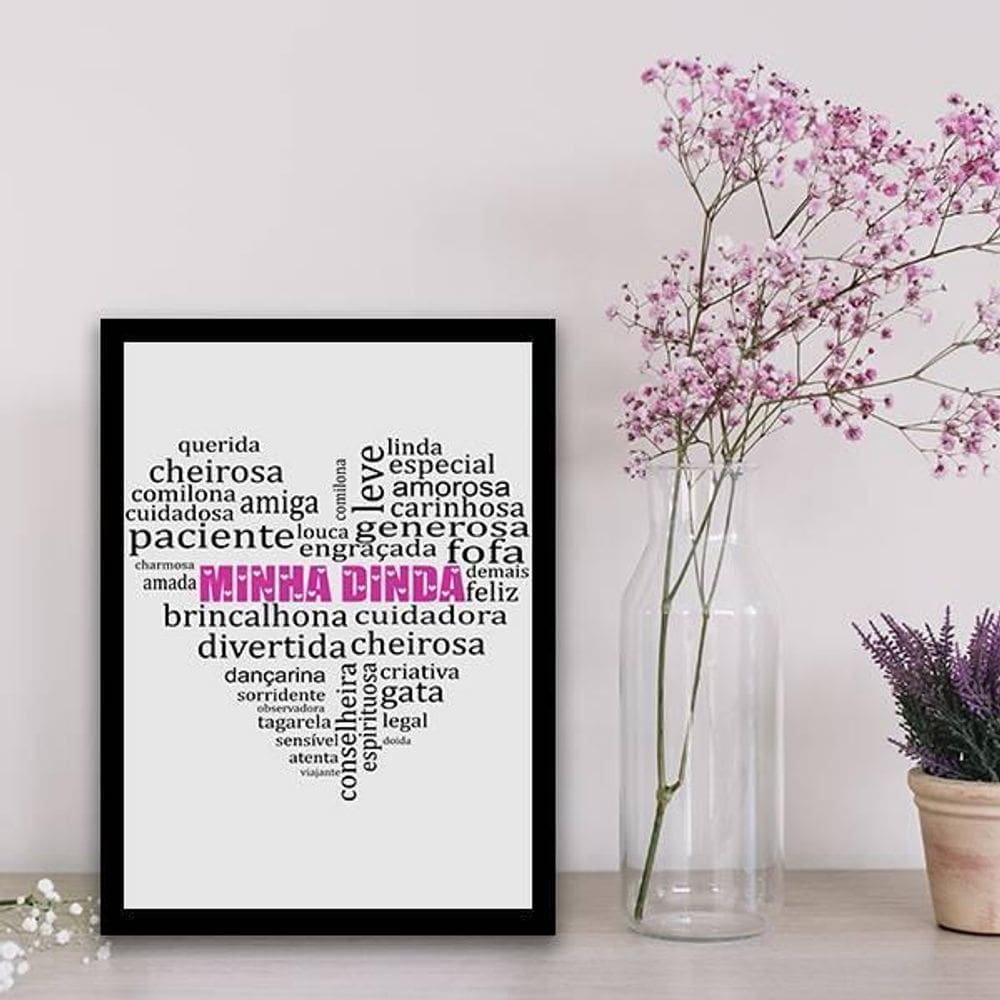Quadro Minha Dinda Qualidades Coração 33X24 C/Vidro Preta