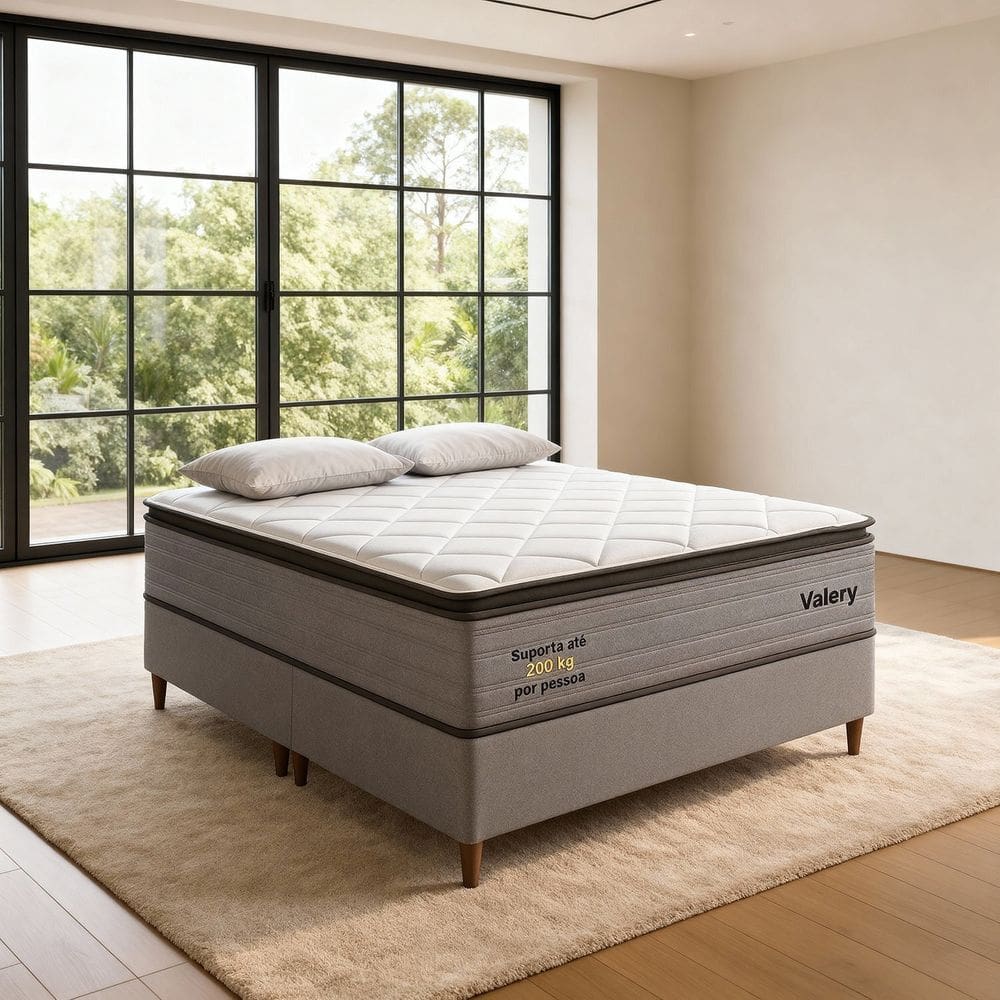 Conjunto Colchão King Valery Pkt 20 Eps com Box Invertido Luxo Cinza/Branco