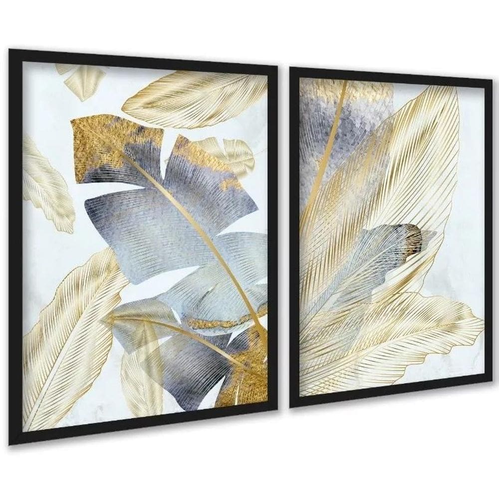 Kit 2 Quadros Folhas Bananeiras Cinza E Dourado 33X24Cm