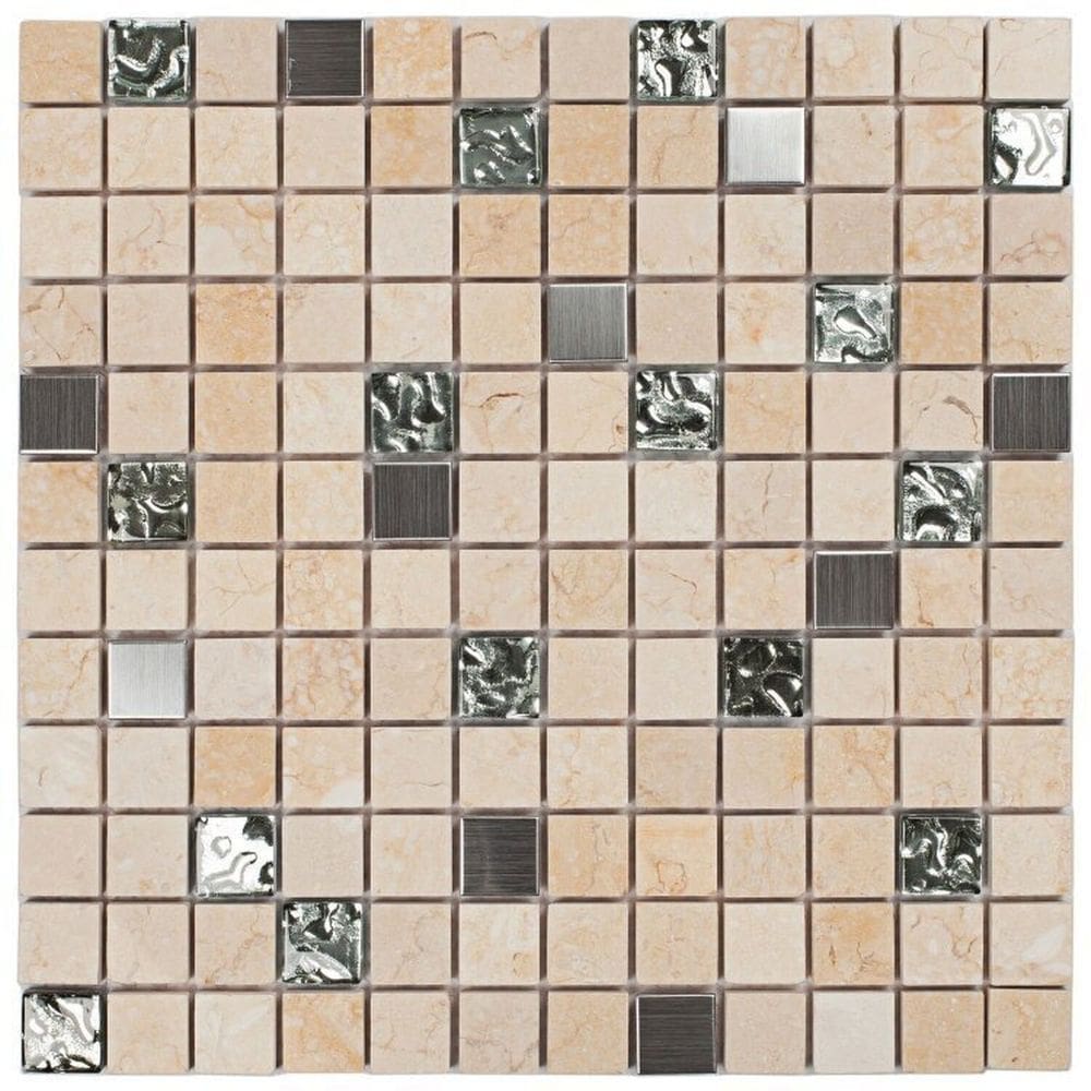 Kit 1m² Pastilha de Vidro e Metal 30cm X 30cm Creme/Cinza