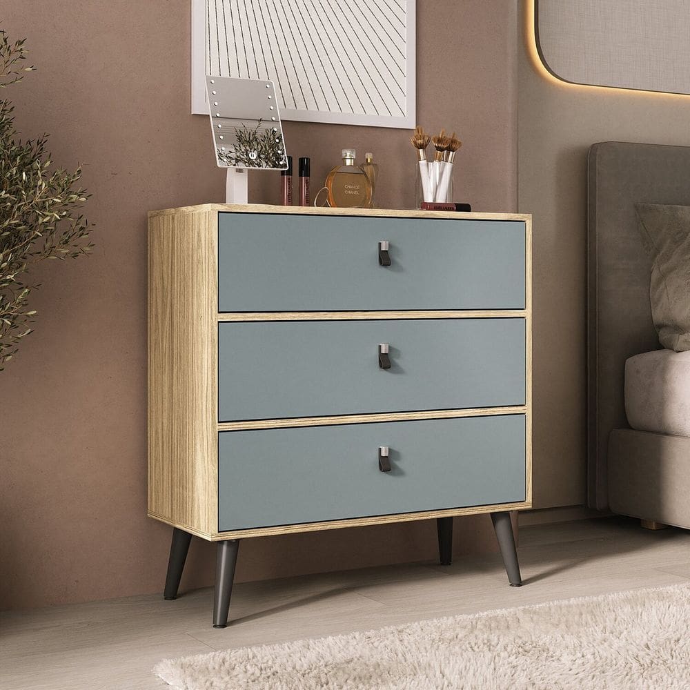 Cômoda com 3 Gavetas para Quarto Pés Palito Amendoa / Acqua