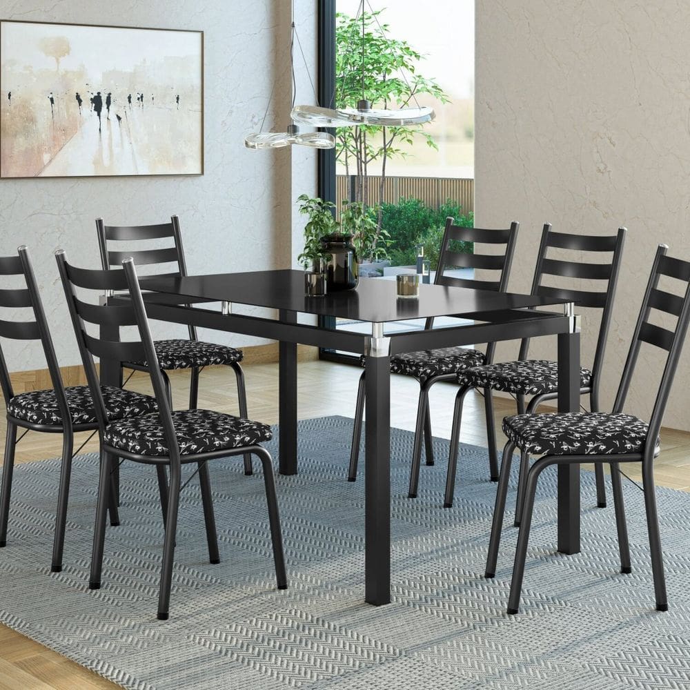 Conjunto Mesa 140cm com 6 Cadeiras New Malva Preto