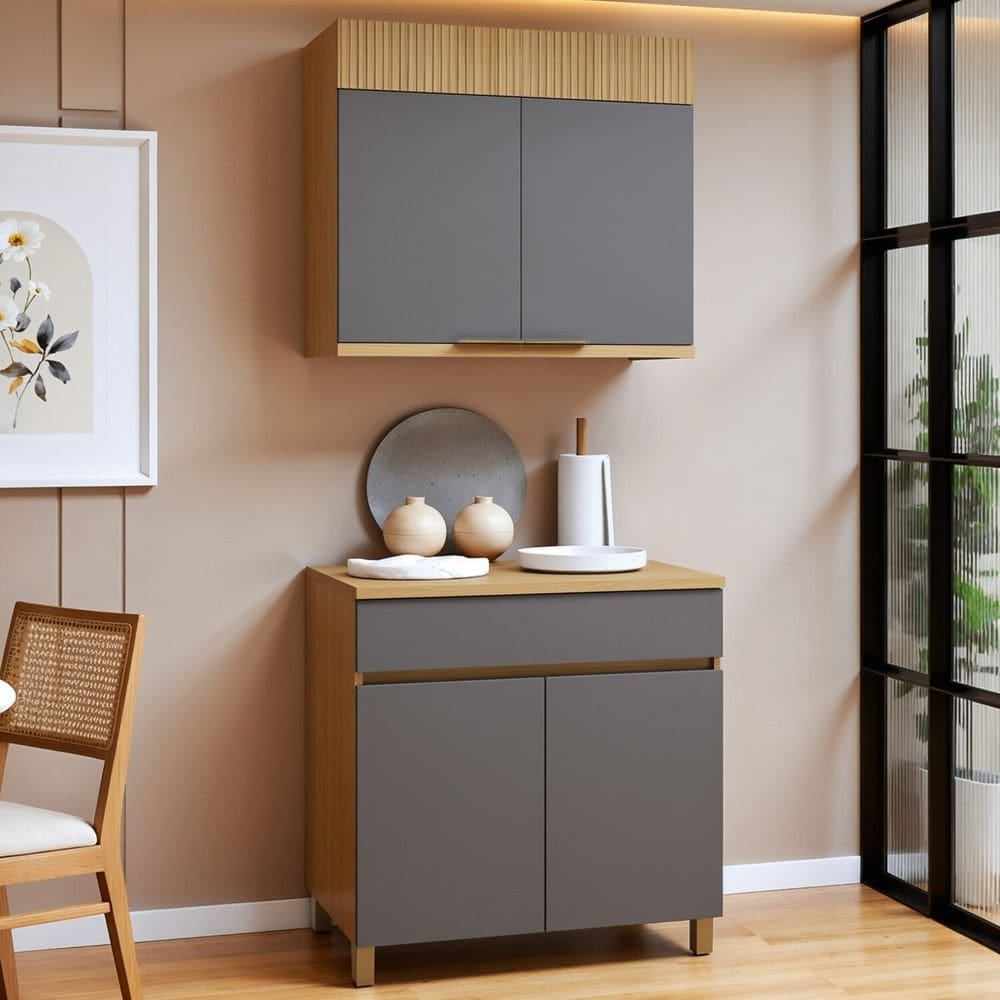 Cozinha Completa Modulada 2 Peças 4 Portas 1 Gaveta 100% Mdf Realeza Premium Carvalho/Titânio