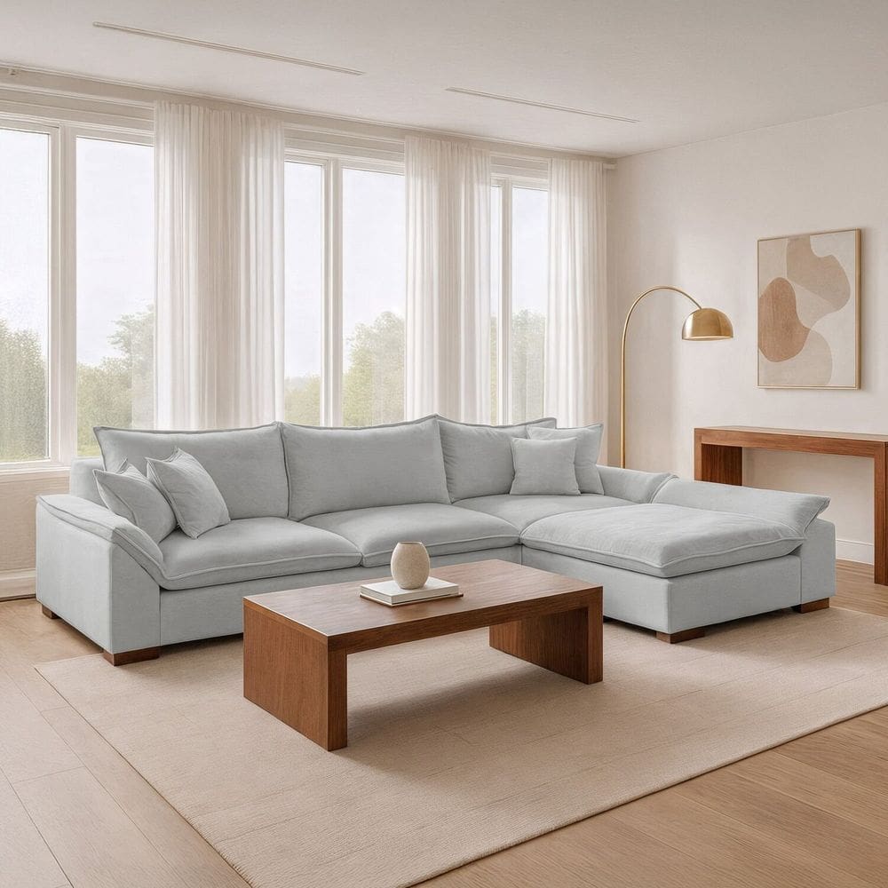 Sofá Modulado com Chaise Base em Madeira Maciça Dominique Cinza