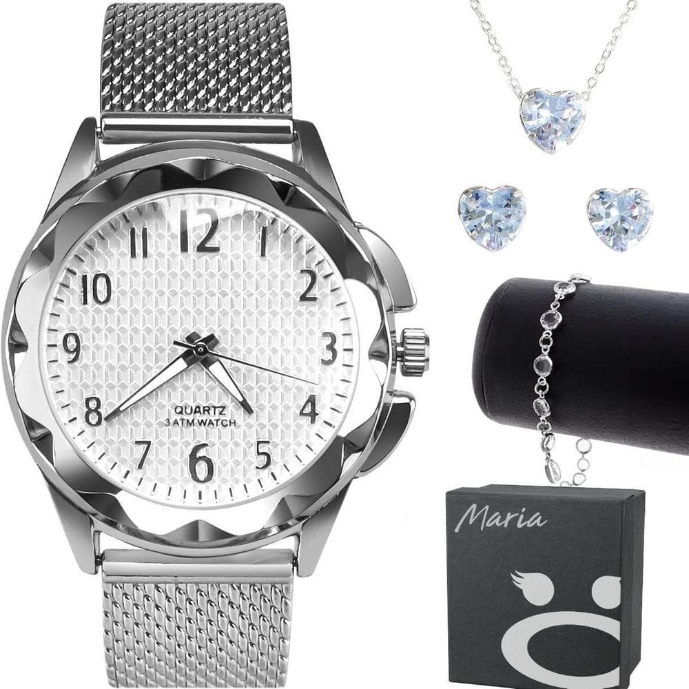 Relogio Prata Feminino Prova Dagua Pulseira + Brinco Colar