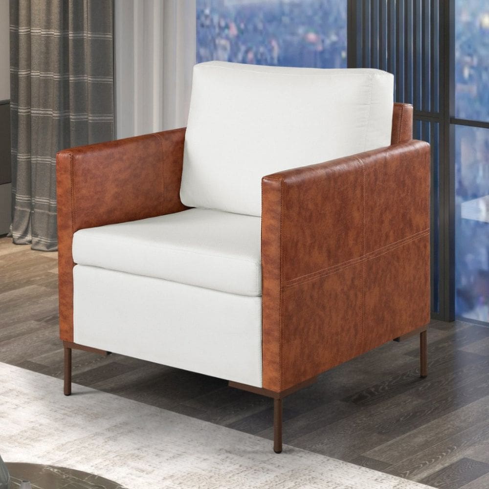 Poltrona Decorativa Linho com Sintético Base em Aço Industrial Anna Cinza Claro/Marrom