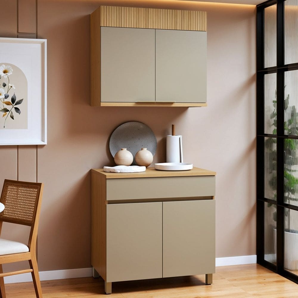 Cozinha Completa Modulada 2 Peças 4 Portas 1 Gaveta 100% Mdf Realeza Premium Carvalho/Greige