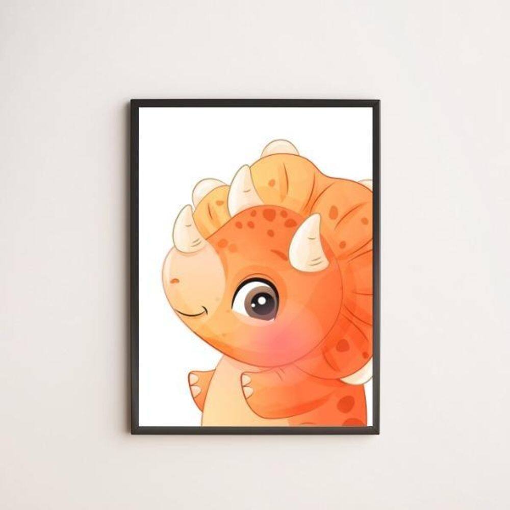 Quadro Decorativo Dinossaurinho Laranja 45X34 Vidro Preta