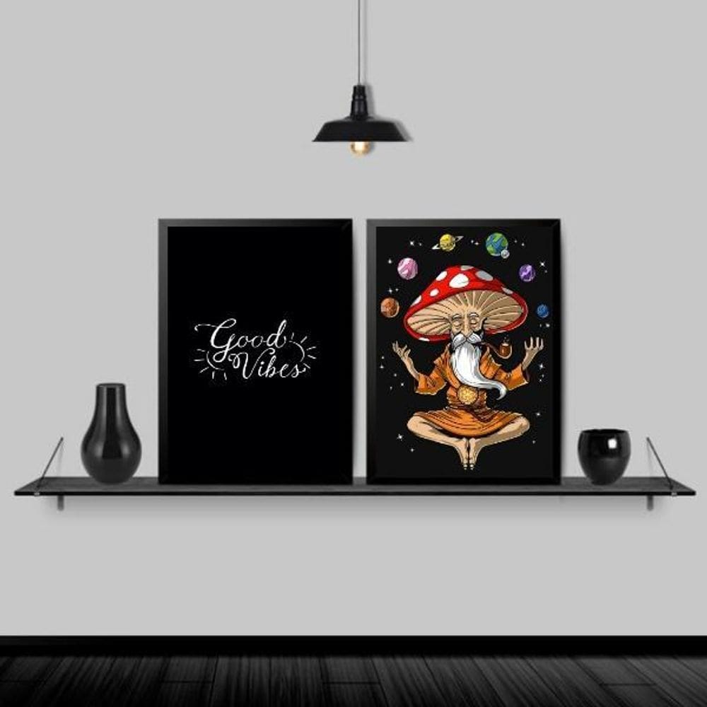 Kit 2 Quadros Monge Meditação Good Vibes 33X24 Moldura Preta