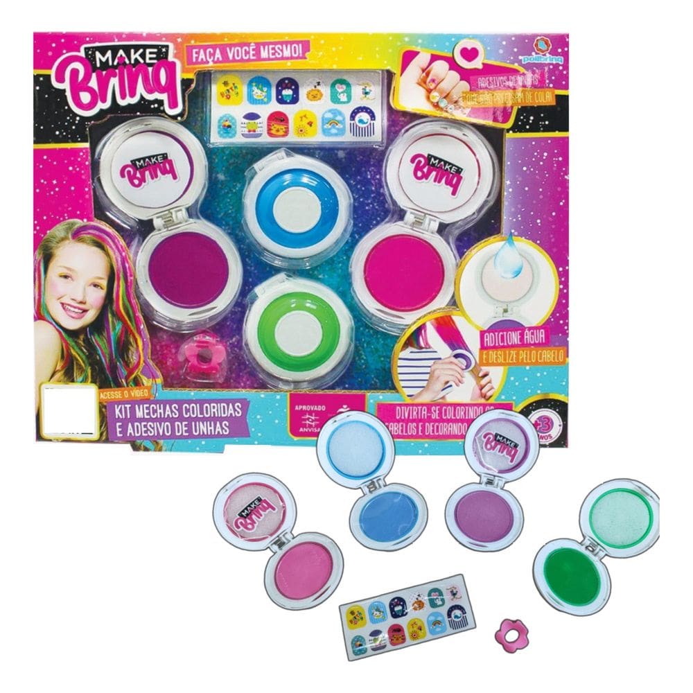 Kit Infantil Mechas Coloridas De Cabelo E Adesivos Para Unha