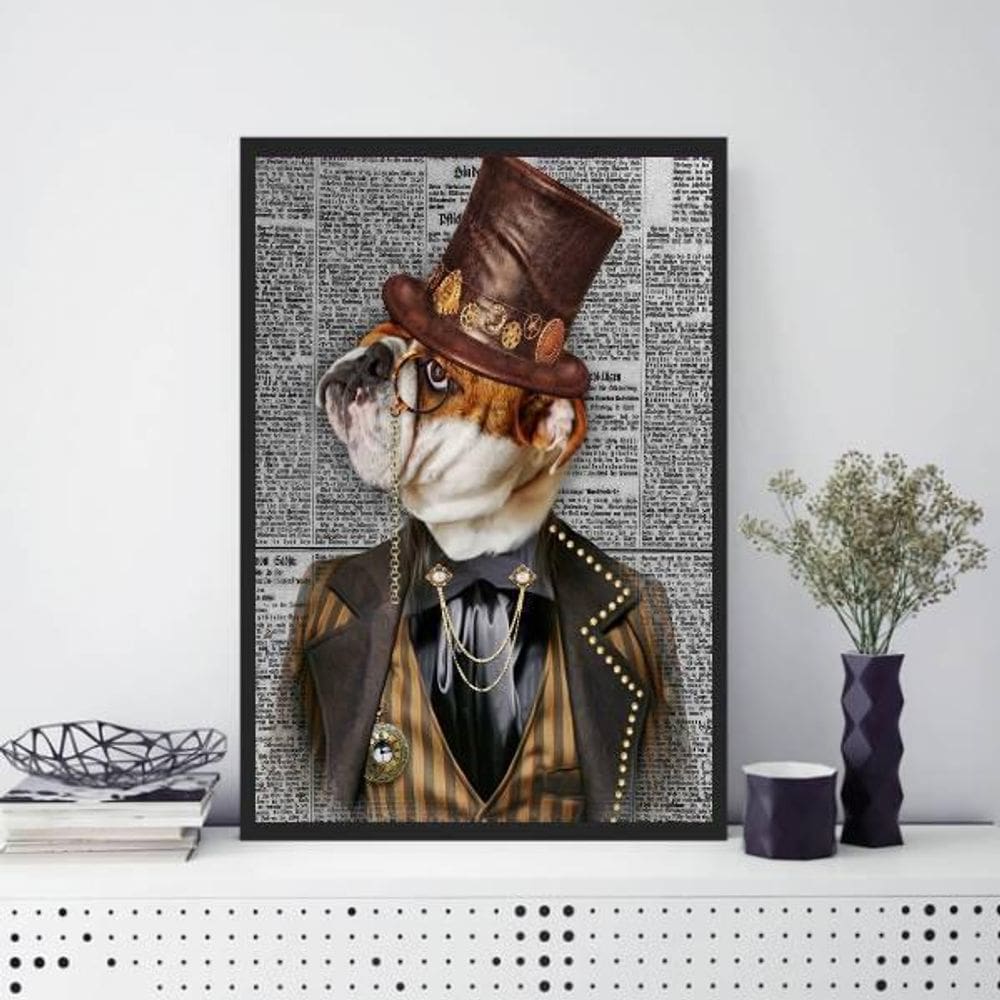 Quadro Vintage Bulldog Inglês 24X18 Com Vidro Madeira Preta