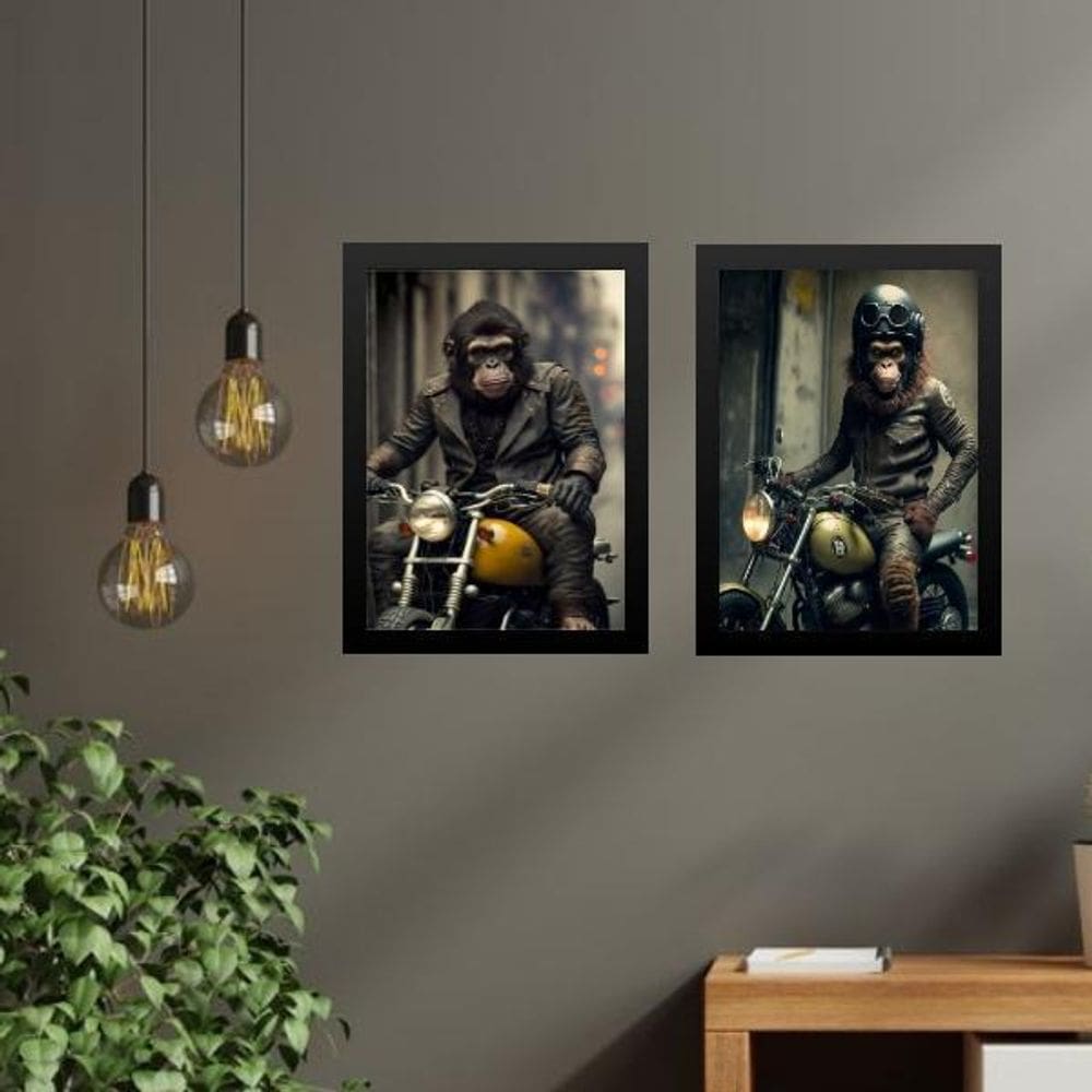 Kit 2 Quadros Moto - Macaco Motociclista 24X18Cm