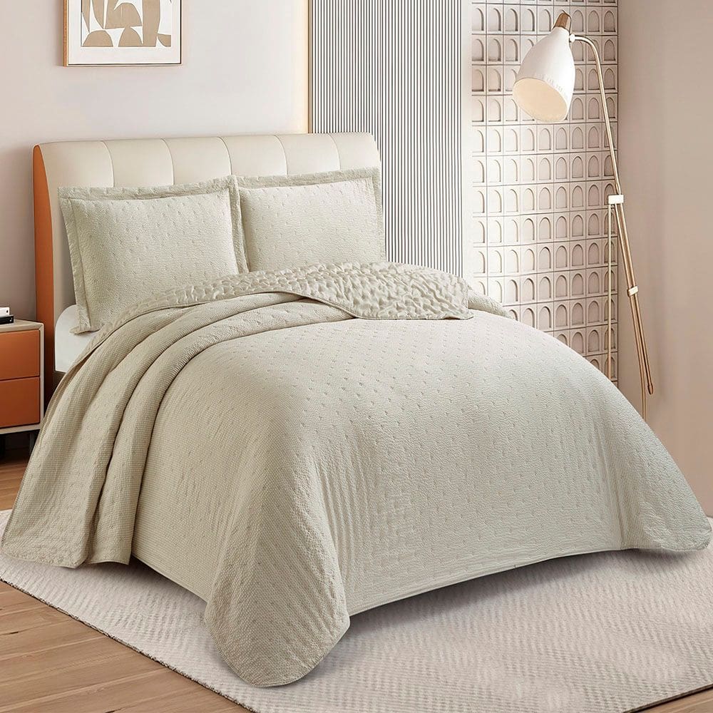 Kit Cobre Leito Colcha Anarruga Nuvem 3 Peças Casal 220x240cm Bege Sonhare