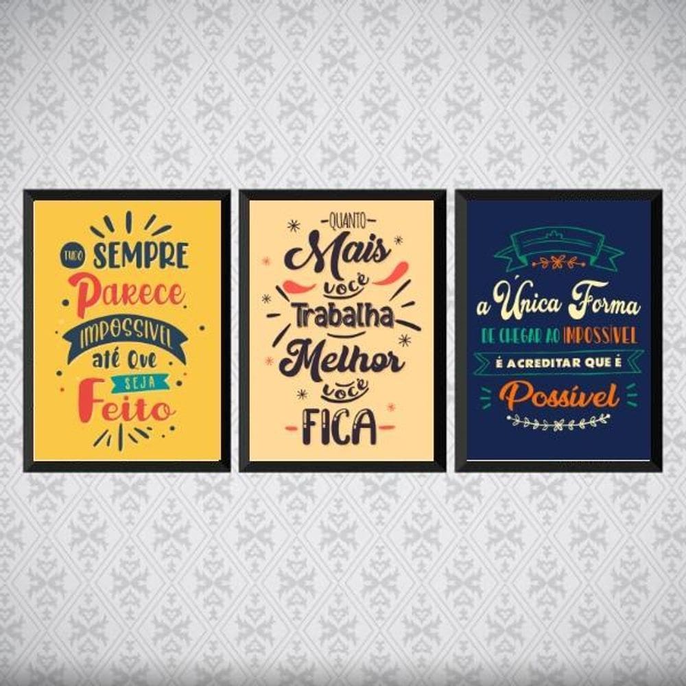 Kit 3 Quadros Frases Motivacionais Trabalho 33X24Cm Preta