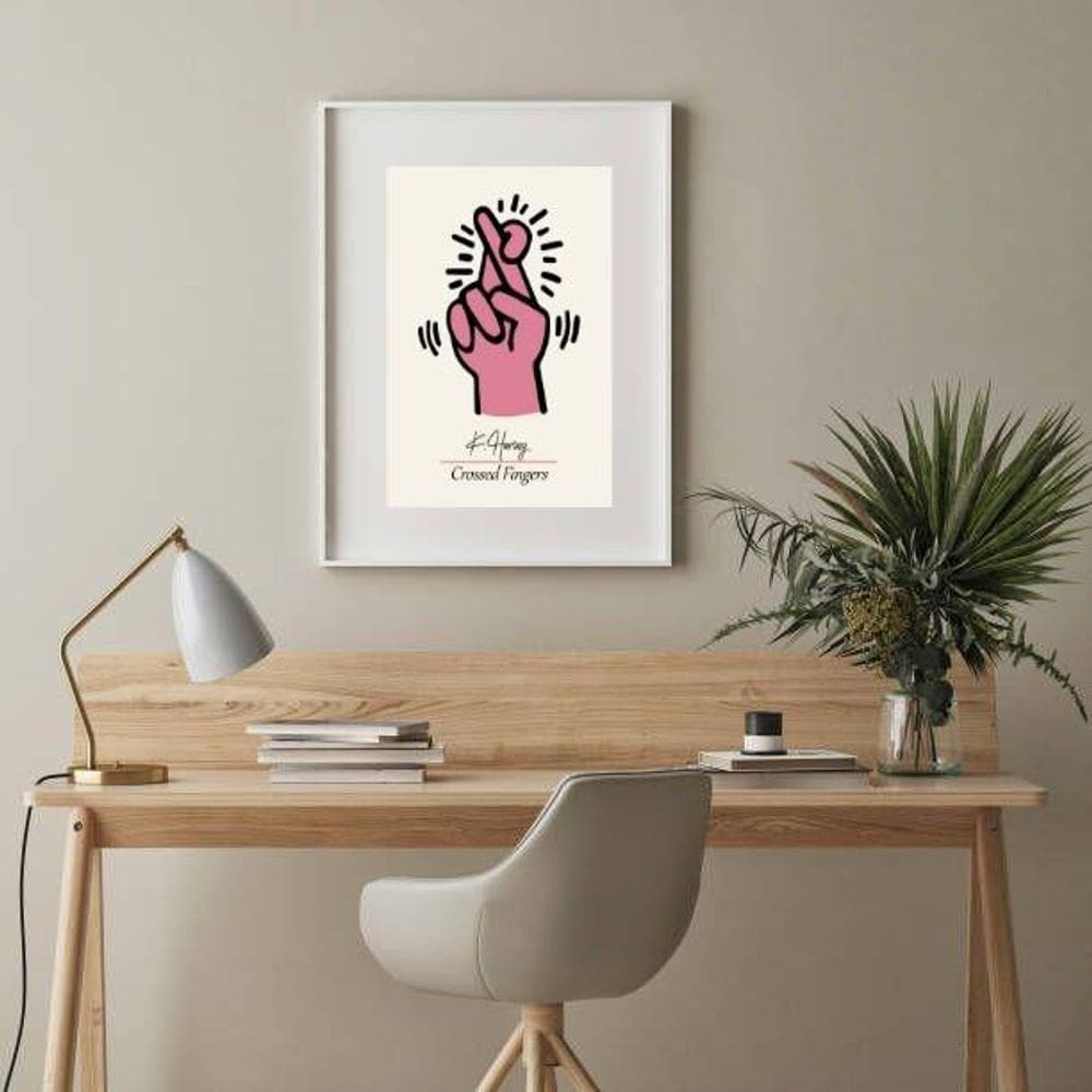 Quadro Keith Haring Crossed Fingers Rosa - 60X48Cm