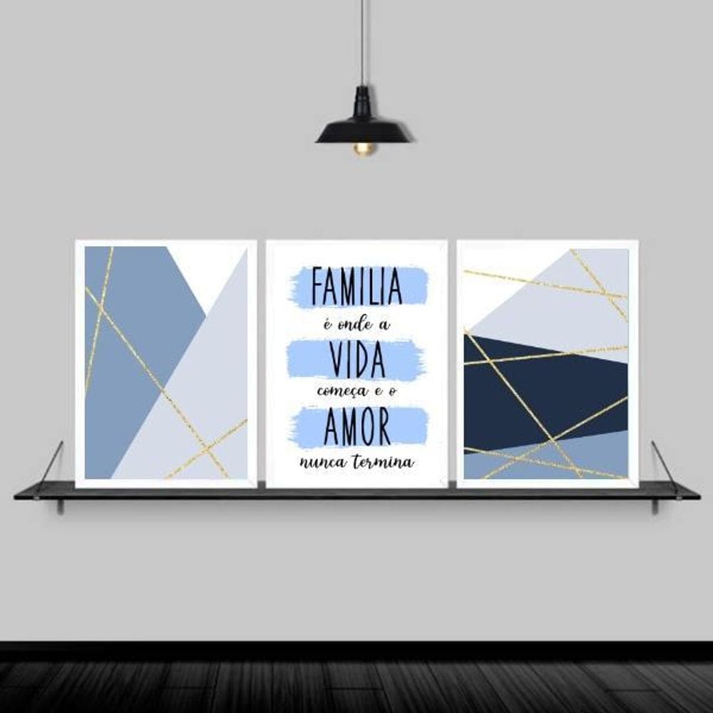 Kit 3 Quadros Família Vida Amor Azul 24X18Cm Moldura Branca
