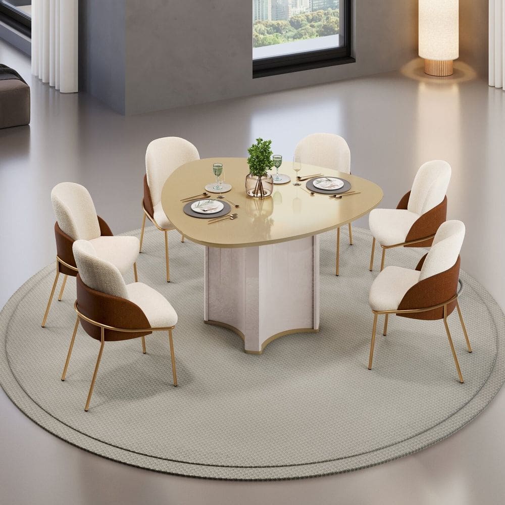 Conjunto Sala de Jantar Mesa Chanel Tampo Orgânico com Vidro 136cm com 6 Cadeiras Vitta Off White/Dourado/Terracota/Perola