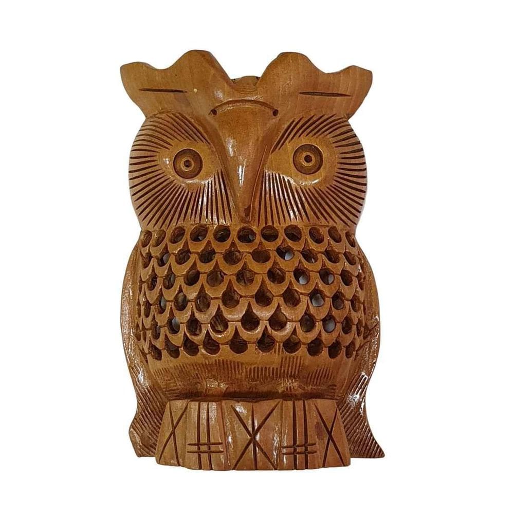 Escultura Vazada De Coruja De Madeira Marrom Modelo 1 12,5Cm