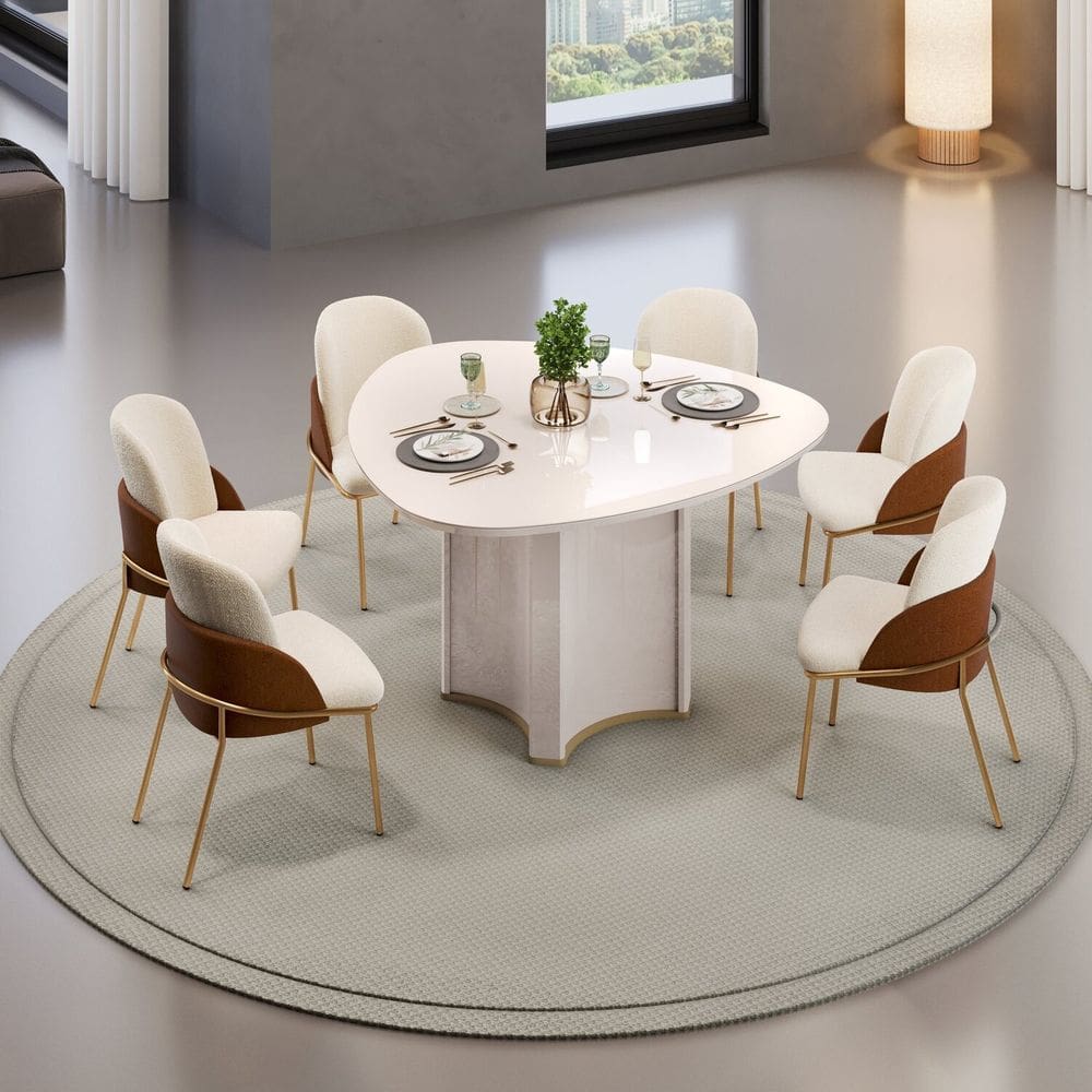 Conjunto Sala de Jantar Mesa Chanel Tampo Orgânico com Vidro 136cm com 6 Cadeiras Vitta Off White/Terracota/Perola