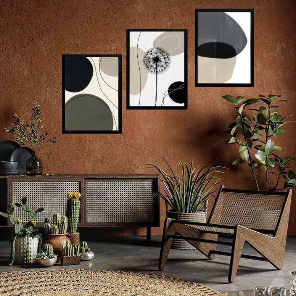 Kit 3 Quadros Arte Dente Leão Cinza E Preto 33X24Cm - Vidro