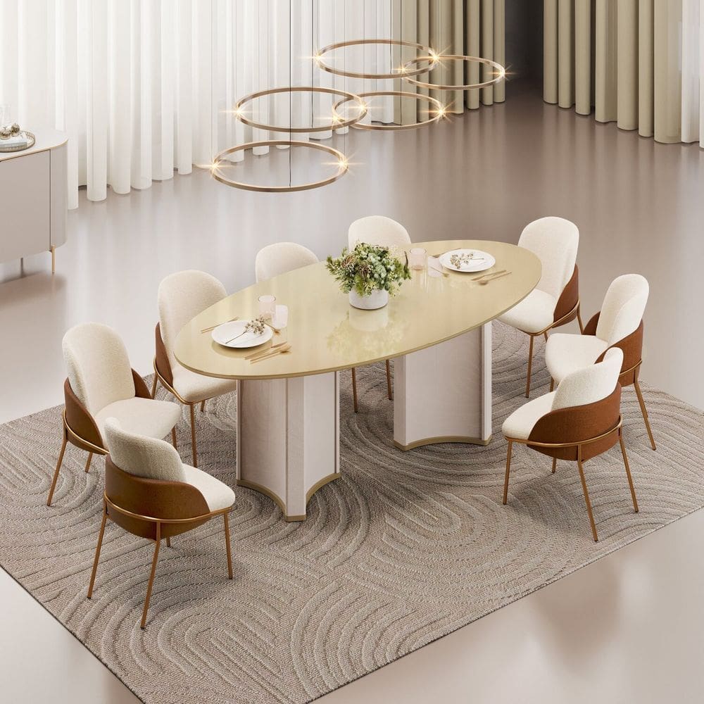 Conjunto Sala de Jantar Liz Tampo Elipse com Vidro Orgânico 218cm com 8 Cadeiras Vitta Off White/Dourado/Terracota/Perola