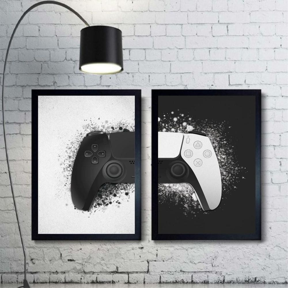 Kit 2 Quadros Controle De Vídeo-Game Preto E Branco 24X18Cm