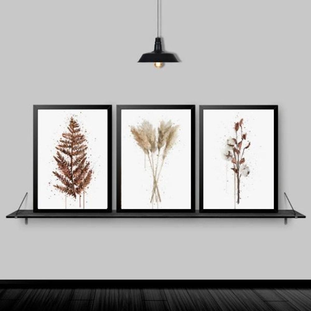 Quadros Flores Secas Aquarela Moldura Preta 33X24Cm 3 Peças