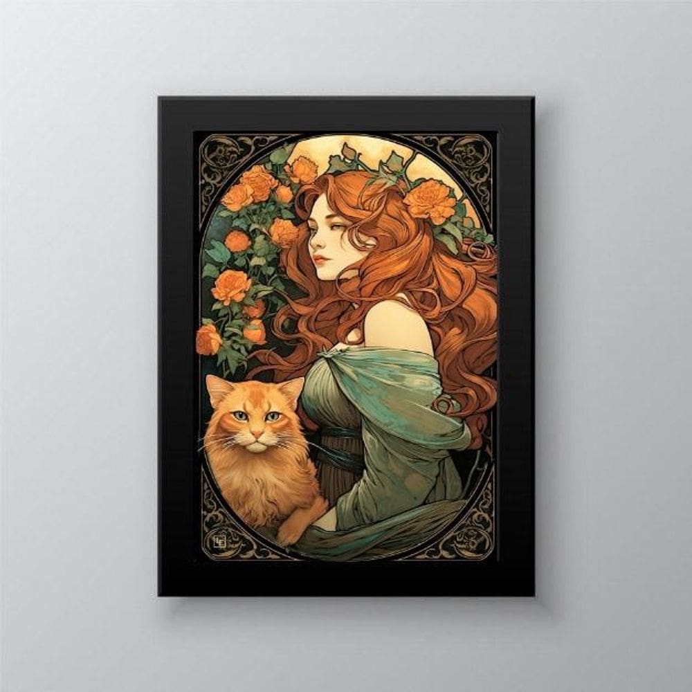 Quadro Mulher com Gato Art Nouveau 45x34cm - Moldura Preta