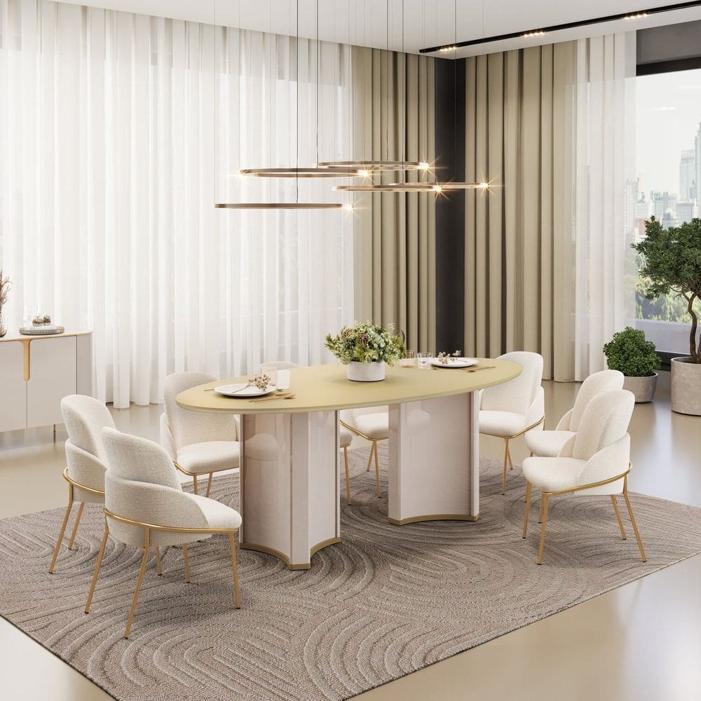 Conjunto Sala de Jantar Liz Tampo Elipse com Vidro Orgânico 218cm com 8 Cadeiras Vitta Off White/Dourado/Perola