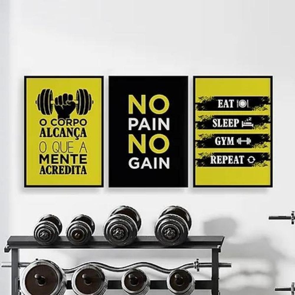 Kit 3 Quadros O Corpo Alcança O Que A Mente Acredita 33X24Cm