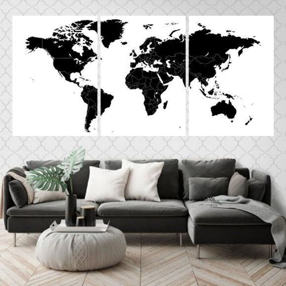 Kit 3 Quadros Mapa Mundi Preto 45X34Cm Vidro Moldura Branca