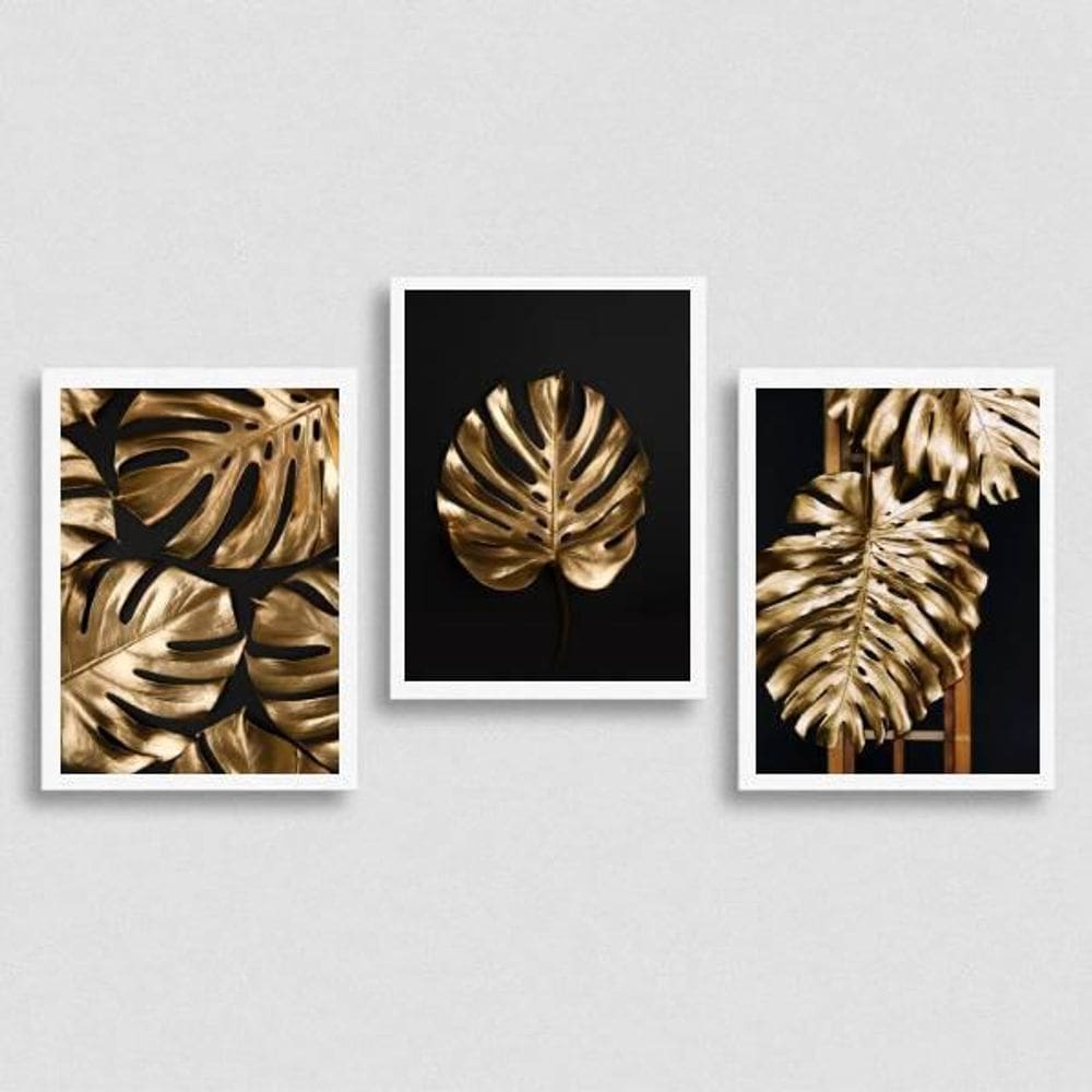 Kit 3 Quadros Folhas Douradas 24X18Cm