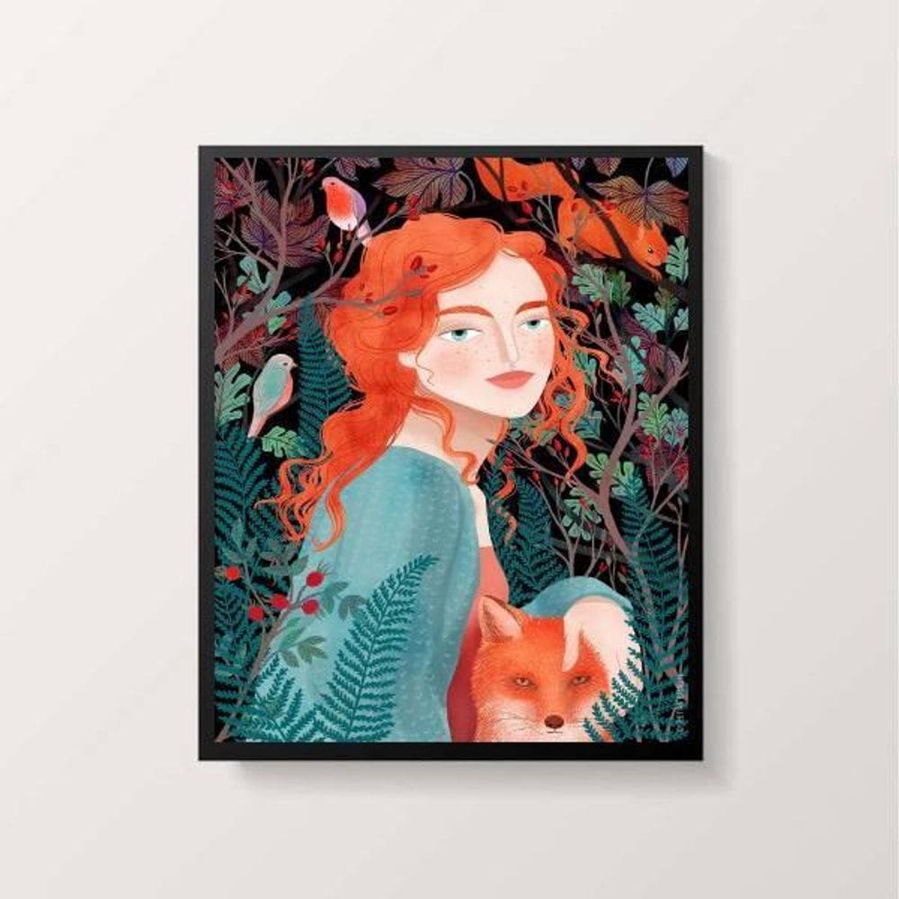 Quadro Menina Com Raposa 33X24Cm - Com Vidro Moldura Preta