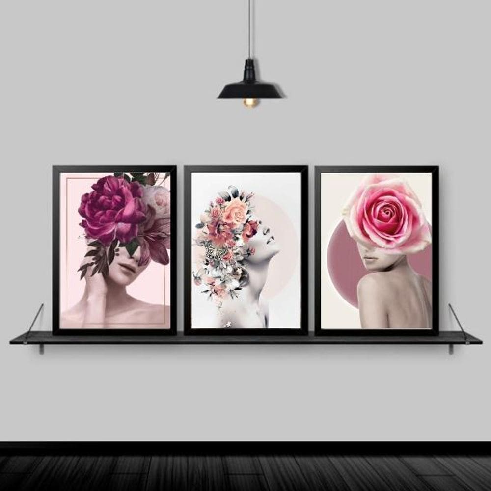 Quadros Fotografia Mulher Floral Moldura Preta 24X18Cm 3Un