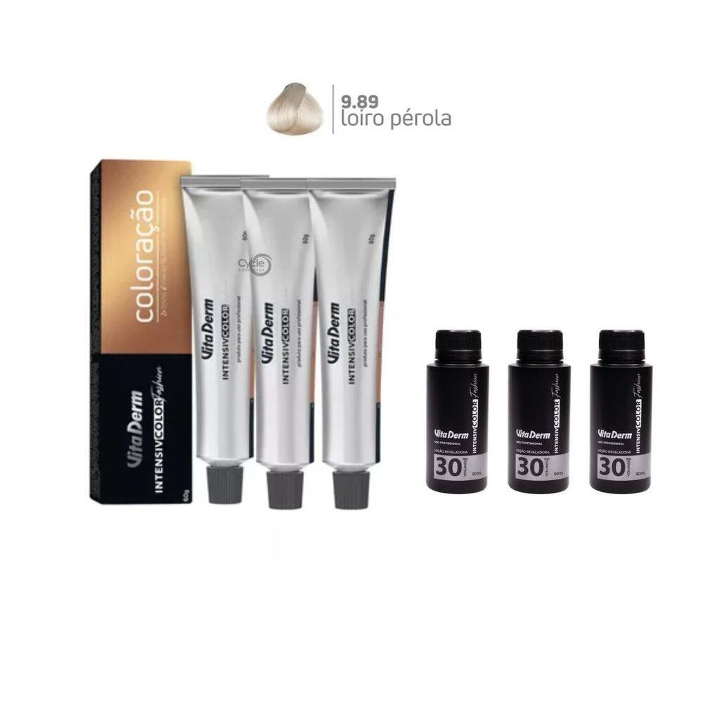 3 Colorações Vita Derm 9.89 + 3 Ox Vita Derm 30 Vol 90Ml