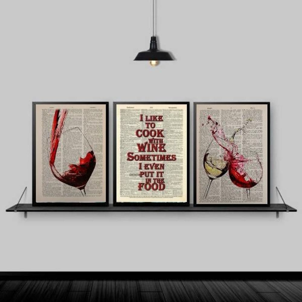 Kit 3 Quadros I Like To Cook With Wine 45X34Cm