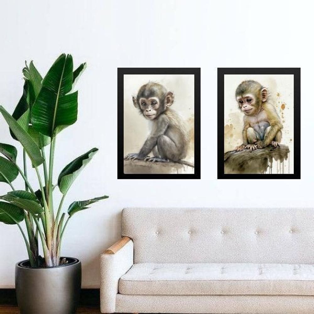 Kit 2 Quadros Aquarela Macaquinho 33X24Cm