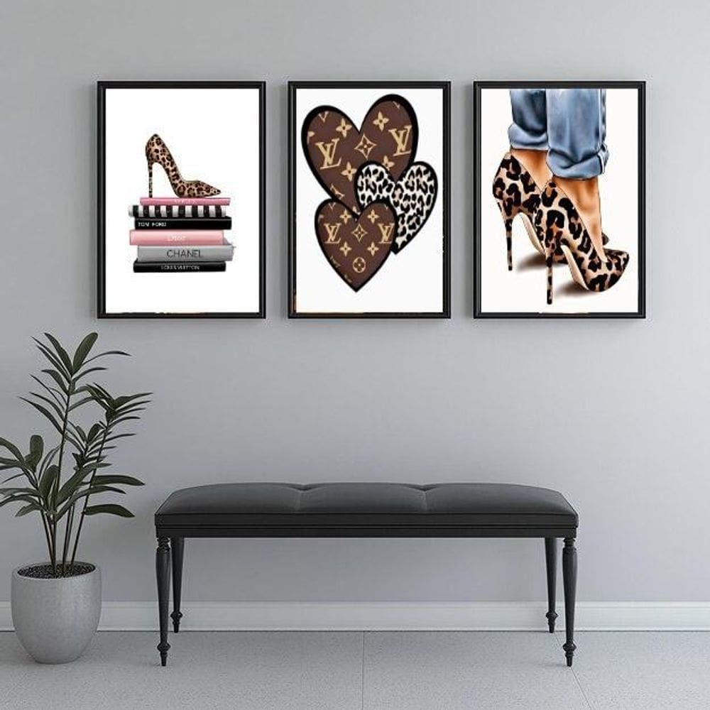 Kit 3 Quadros Closet - Oncinha Fashion 45X34Cm - Com Vidro